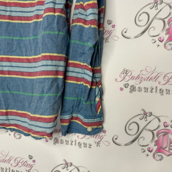 Hawkings McGill collared shirt button down long sleeve blue yellow red stripe - Picture 8 of 9